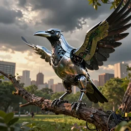 robotic scifi raven bird with chrome beak and metal wings perched on a tree branch, lush city park, golden hour, intense storm clouds, city background, electronics circuit board and wires, panels and rivets, grunge and dirt, sharp details, octane render, artstation