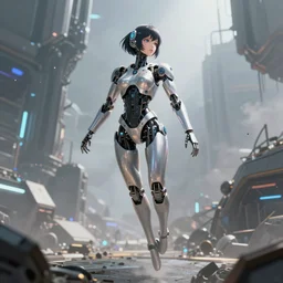 detailed, sharp, dreaming humanoid female automata floating above a dystopia by WLOP, digital art, surreal, trending on artstation, anime arts, featured on Pixiv, HD, 8K, highly detailed, good lighting, beautiful, epic