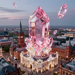 a photo of 8k ultra realistic giant pink crystal that fell from the sky, aerial photo of victorian era manchester, , intricate white and gold neon, ornate, cinematic lighting, trending on artstation, 4k, hyperrealistic, focused, high details, unreal engine 5, cinematic