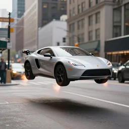 photo of a flying car that hovers two meters above the pavement in the 5 th avenue of new york. it has a new propulsion system with antigravity engines. the engines throw flames. highly detailed