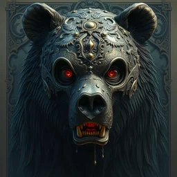 a portrait of a bear, full medium shot, volumetric, carved half mask with incrustations, ethereal, elements, baroque, rococo, ink, tarot card color scheme, cinematics lights, detailed, intricate illustration, octane render, fine art by peter mohrbacher & marc simonetti