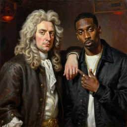 a realistic classical painting of sir isaac newton and tupac shakur, chillin at the club together, oil on canvas, brilliant detail, exquisite