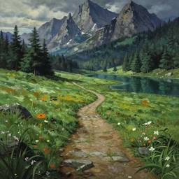 beautiful matte painting by goro fujita concept art fantasy path mountains and meadow in the background near a lake reflecting the trees, atmospheric lighting, painted, intricate, volumetric lighting, beautiful, rich deep colors masterpiece, sharp focus, ultra detailed by