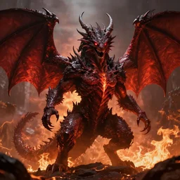 from the depths of hell was he summoned, the great dragon beast rose from the fires with gleaming red eyes