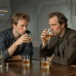 two men sitting at a bar drinking whiskey, near future, sci - fi concept art, by greg rutkowski and norman rockwell, highly detailed, intricate details, soft lighting, studio lighting