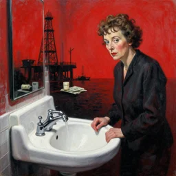 high quality painting featuring agatha christie and a bathroom sink mystery, mystery of the giant sink, oil rig and money in background, by greg rutkowski, red, black and white colour scheme, textured grunge aesthetic