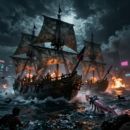 pirate ships at war at night with a squid  coming out of the water and attacking the ships, people drowning, dramatic clouds, storm, smoke, fire, chaos, photo realistic, 8k, artstation, Blade runner, neon signs in the distance, dark, cinematic, high contrast, epic