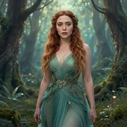 Elizabeth Olsen as a nymph, mystical forest, digital art