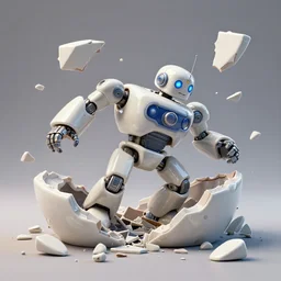 dissection of funny ceramic exploding crash miniature toy Figure mechabot falling apart 8K, zbrush, c4d, in a Studio hollow, surrounded by flying parts, from avengers, explosion drawing, by pixar, beeple,