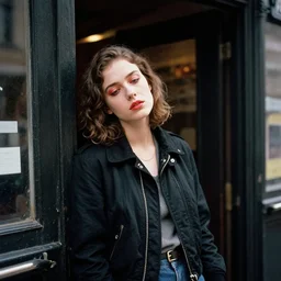 morning, entrance to a ghetto bar in new york, 2 0 0 0 s, tired young white woman with bright makeup and black jacket waiting, high detail, hyperrealistic, octane render, photorealistic, color old photo style
