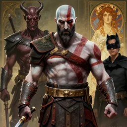 film still of kratos as a demon in hell in the new batman movie, sharp focus, artstation, concept art, illustration, art by tian zi and wlop and alphonse mucha
