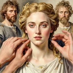 recondite Bronze Age of clemency, beautiful Helen of Troy/Diane Kruger, by Edgar Maxence and Caravaggio and Michael Whelan and Caravaggio artistic, watercolor, intricate drawing, light brazen, realistic fantasy, extremely detailed and beautiful aesthetic face, perfect and complete hands and fingers establishing shot, 8k resolution, dramatic lighting