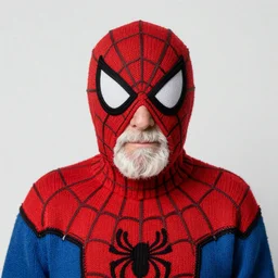 old man wearing a knitted spiderman costume, portrait, annie leibovitz