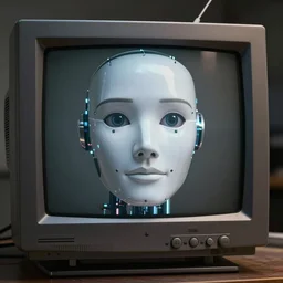 a lifelike robot face of on an old fashioned crt monitor. photo realistic, hyper detailed, trending on artstation, unreal engine 5, octane render, 8 k