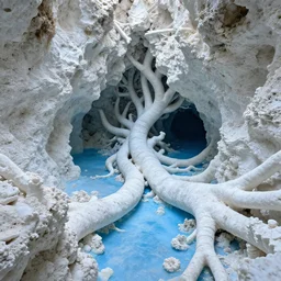 grotta marina di cristalli bianchi, campo ampio, pavimento naturalistico fatto di oceano blu, altamente complesso, cinematografico, suggestivo tutto a forma di braccia