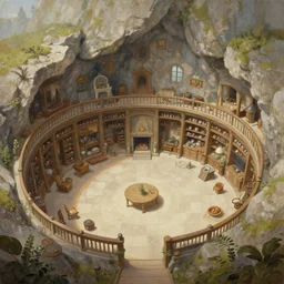 painting of a series of living quarters overlooking communal area of a hidden, cozy ring - shaped complex carved inside a mountain, overlooking the great room, well maintained, clean, medieval, fantasy genre, natural light, fantasy, natural light, concept art, by greg rutkowski and craig mullins, cozy atmospheric and cinematic lighting, trending on artstation