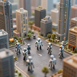 tiny robots in a tiny city, hyper detailed, HD, fantasy, sci fi, realistic, photorealistic, toys