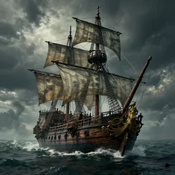 pirates ship in the sea bysintine, gothic, 4 k, smokey, atmospheric, environment, 4 k detail post processing, hyperealistic, unreal engine 5 render, photo realism ole thomas style, giovanni paolo panini style epic, volumetric light, symmetrical, insanely detailed, style of charlie bowater, kelly mckernan, unreal engine render, artstation trends, hyper detail, epic art style, cinematic, concept art