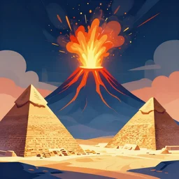 a volcano in eruption and ancient pyramids, retrowave art, cyberpunk, trending on art station