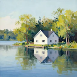 a house on a lake. gouache artwork.