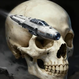 a spaceship on a skull of a colossal creature, in the style of wlop and greg rutkowski, illustration, epic, sci - fi, hyper detailed, smooth, unreal engine 5, sharp focus, ray tracing