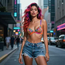 fashion photography, gorgeous latin woman, colorful hairs, wearing bra and shorts streetwear, cyberpunk city street, costume design, illustration, cinematic color grading, hyperrealism, elegant, vfx, postprocessing, octane render, 8 k, by charlie bowater