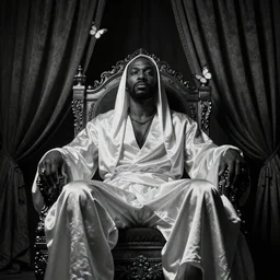 Large black man sitting on throne wrapped in silk, background made of large folding curtains, dark, hyper detailed, hyper realistic, 8K photo realistic, black and white color, dimly lit, butterfly lighting, dark style of rafael pavarotti, low angle looking up