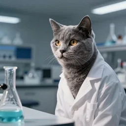 a grey cat in a biology lab with a lab coat