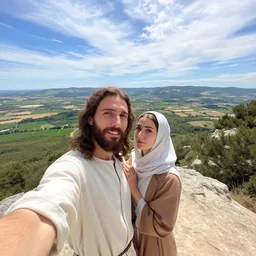 selfie from a mobile phone of jesus and mary magdalene standing on a cliff looking over a beautiful landscape in france, languedoc, award winning photo, very detailed, very realistic