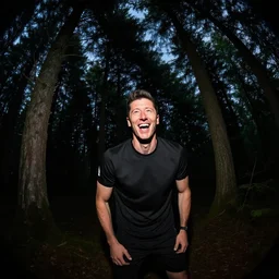 laughing robert lewandowski caught on trail cam in a forest at night, fisheye!!!