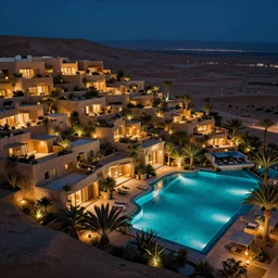 habitat 6 7, terraced architecture hotel in the dessert, many plants and infinite pool, night view, cinematic, cyberfunk light
