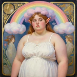 a chubby elf woman with pointed ears, wearing a white sundress, rainbow pastel clouds for hair, realistic painting by ross tran and gerald brom and alphonse mucha, artgerm, trending on artstation