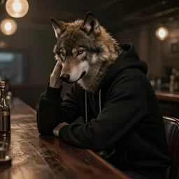 Wolf like a Human, dressed black hoodie, sitting at the bar, light falls on him, sad mood, digital art, artstation, high quality, detailed,