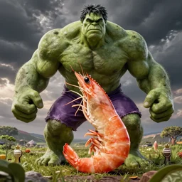 a huge shrimp posing as the incredible hulk, ultra realistic digital artwork