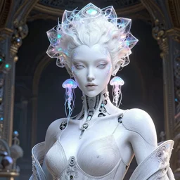 portrait of an absurdly beautiful, graceful, sophisticated, fashionable cyberpunk mechanoid, hyperdetailed illustration by irakli nadar, matt wisniewski style, intricate linework, white porcelain skin, iridescent fractal headdress, day - glow face paint, jellyfish electronic collar, unreal engine 5 highly rendered, global illumination, radiant light, detailed and intricate environment
