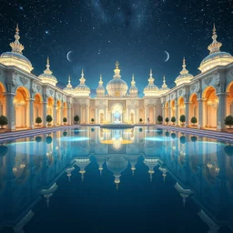 a gorgeous symmetrical paradise palace, starlit, lakes, fantasy, fairy tale, artstation, matte painting, artstation, octane render, caleb worcester, samuel beal. ultra clear detailed. white, deep blue and light gold color scheme.