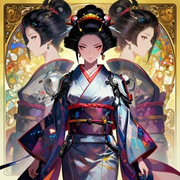 symmetry!! beautiful anime girl cyberpunk geisha portrait, jarden background, wearing angular techno kimono, highly detailed, anime, dynamic lighting, digital art, digital painting, artstation, wlop, gil elvgren, sharp focus, illustration, art by artgerm and greg rutkowski and alphonse mucha, 8 k