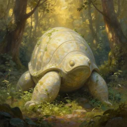 tardigrade statue in the forest, smooth, stone, ethereal, overgrowth, fantasy, elegant, golden hour, digital painting by lee madgwick, masterpiece