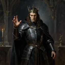 a dark mage. he is wearing mage armor and a crown. he is frowning seriously. he is preparing to cast a dark spell. he is standing in a wizards room. award winning realistic oil painting by thomas cole and wayne barlowe