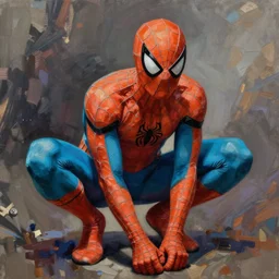 Spiderman in orange and turquoise painted by Conrad Roset, detailed brushstrokes