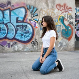 an urban photo, with graffiti in the background and a kneeling urban girl, the camera is in her shoe, curved lens, lens sony 1 6 - 3 5 mm f / 2. 8