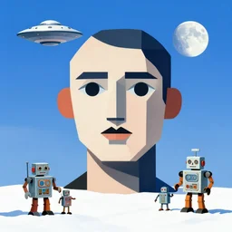 bauhaus abstract geometric portrait of sky, winter, snow, 1 9 5 0 s scifi, tin toy robots, ufo, flying saucer, moon, meninblack, steampunk, alley, streets, nicoletta ceccoli, mark ryden, lostfish, max fleischer, hyper realistic, artstation, digital paint, matte paint, vivid colors, bright, cheerful
