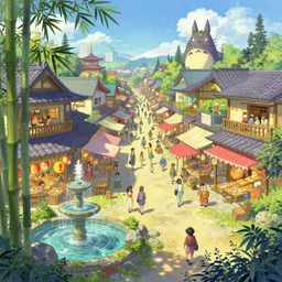 colorful, bustling marketplace in a great kitsune city, bamboo, fountain, a fantasy digital painting by Greg Rutkowski and James Gurney, trending on Artstation, highly detailed