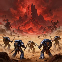 warhammer 4 0 k space marine battling the demons of the warp, vistas of hell, red mountains in the distance, savage clouds drifting, brutal desert plains of despair, digital art, trending on artstation, 8 k, baroque