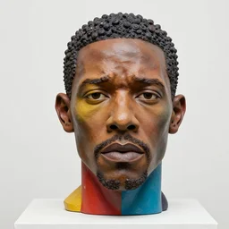 beautiful studio photograph of colorful postmodern portrait sculpture of chadwick boseman disappointed, beautiful symmetrical face accurate face detailed face realistic proportions, made of spray - painted polymer clay on a pedestal by ron mueck and matthew barney and greg rutkowski, hysterical realism intense cinematic lighting shocking detail 8 k