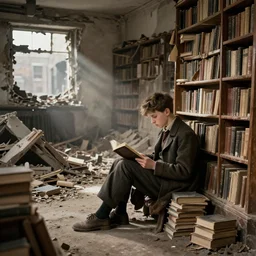 a boy sits reading in a bombed bookstore, london, 1 8 4 0
