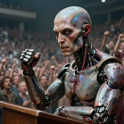 half human, half organic machine dictator banging his fist angrily on the podium in front of a large cheering stadium crowd of unwashed serfs. His blood beneath his skin gives off an iridescent hue, closeup of face, hyper realistic, Caravaggio