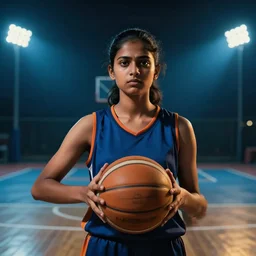 portrait an indian girl holding a basketball in a basketball court at night, resolute expression, inspirational, stadium lights, cinematic, dramatic composition, digital cinematography, blue and orange colour palette