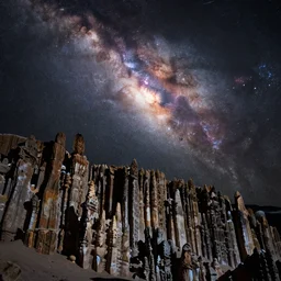 Milky Way as seen in the night sky from stalagmite covered rock surface of an alien planet located in a different part of the galaxy, NASA true color 8k image, high detail