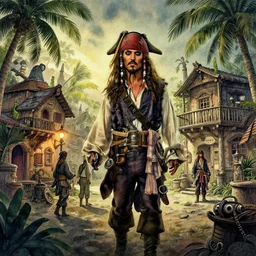 tropical pirate shanty town, watercolor, dramatic lighting, cinematic, establishing shot, extremely high detail, foto realistic, cinematic lighting, pen and ink, intricate line drawings, post processed, concept art, artstation, matte painting, style by Steven Spielberg, Peter Jackson, art germ -800